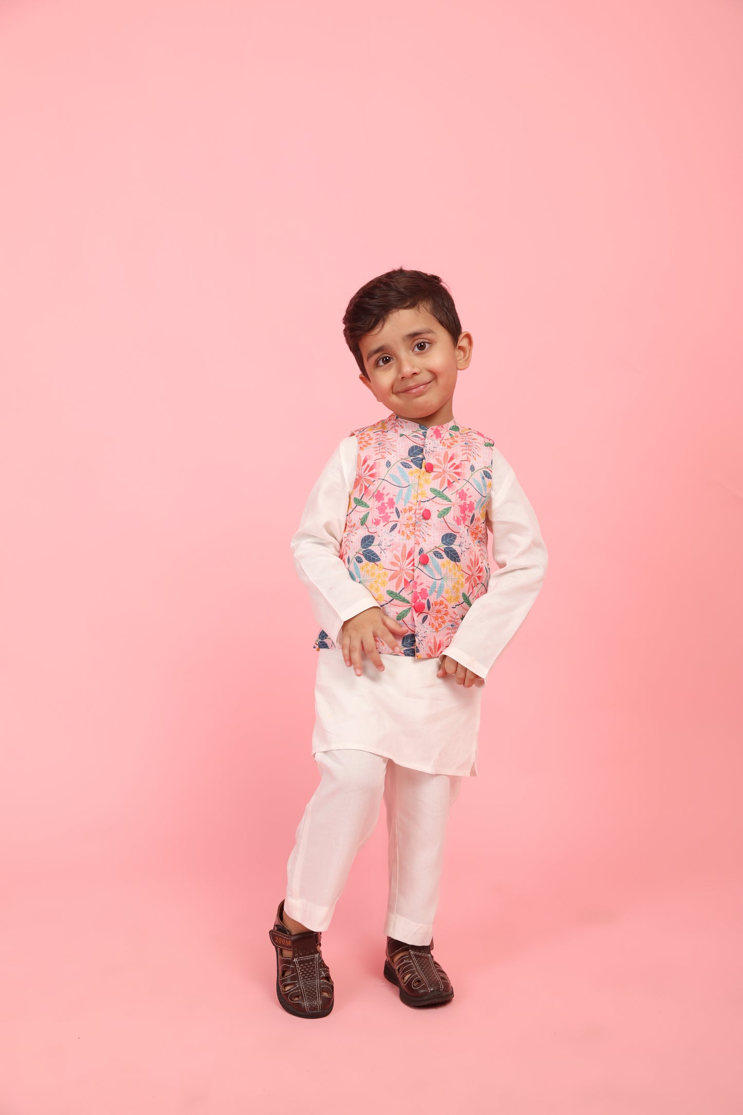 Boys Pink Kurta Pant Set with Jacket