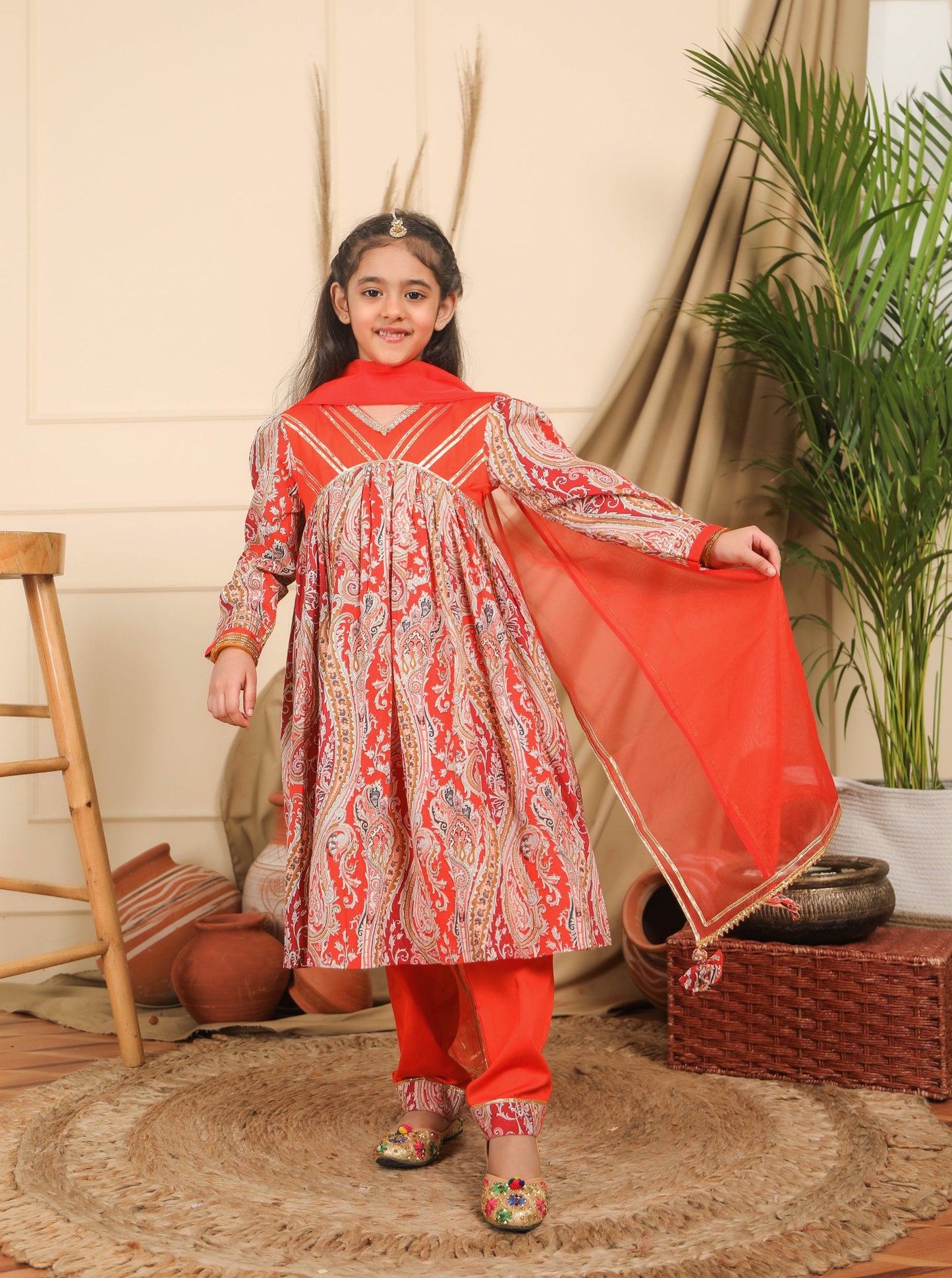 Red Paisley Printed Kurta with Pant and Dupatta Set