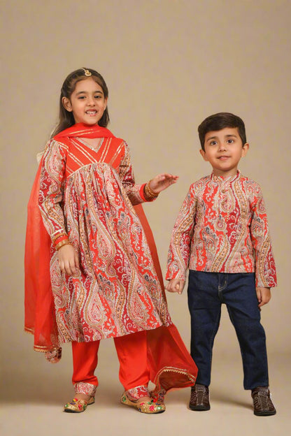 Boys Red Paisley Printed Kurta