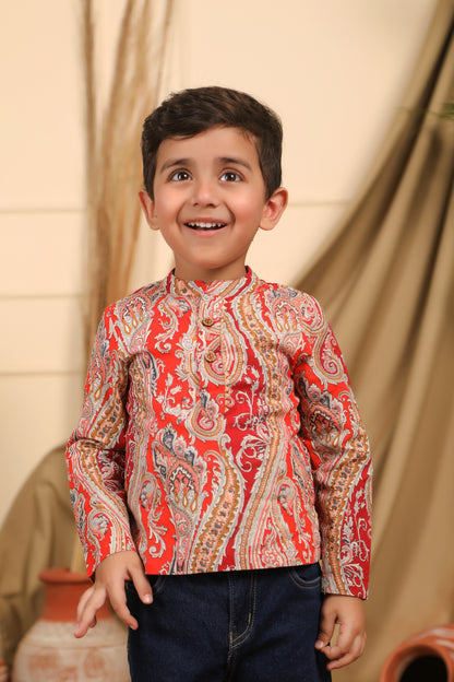 Boys Red Paisley Printed Kurta