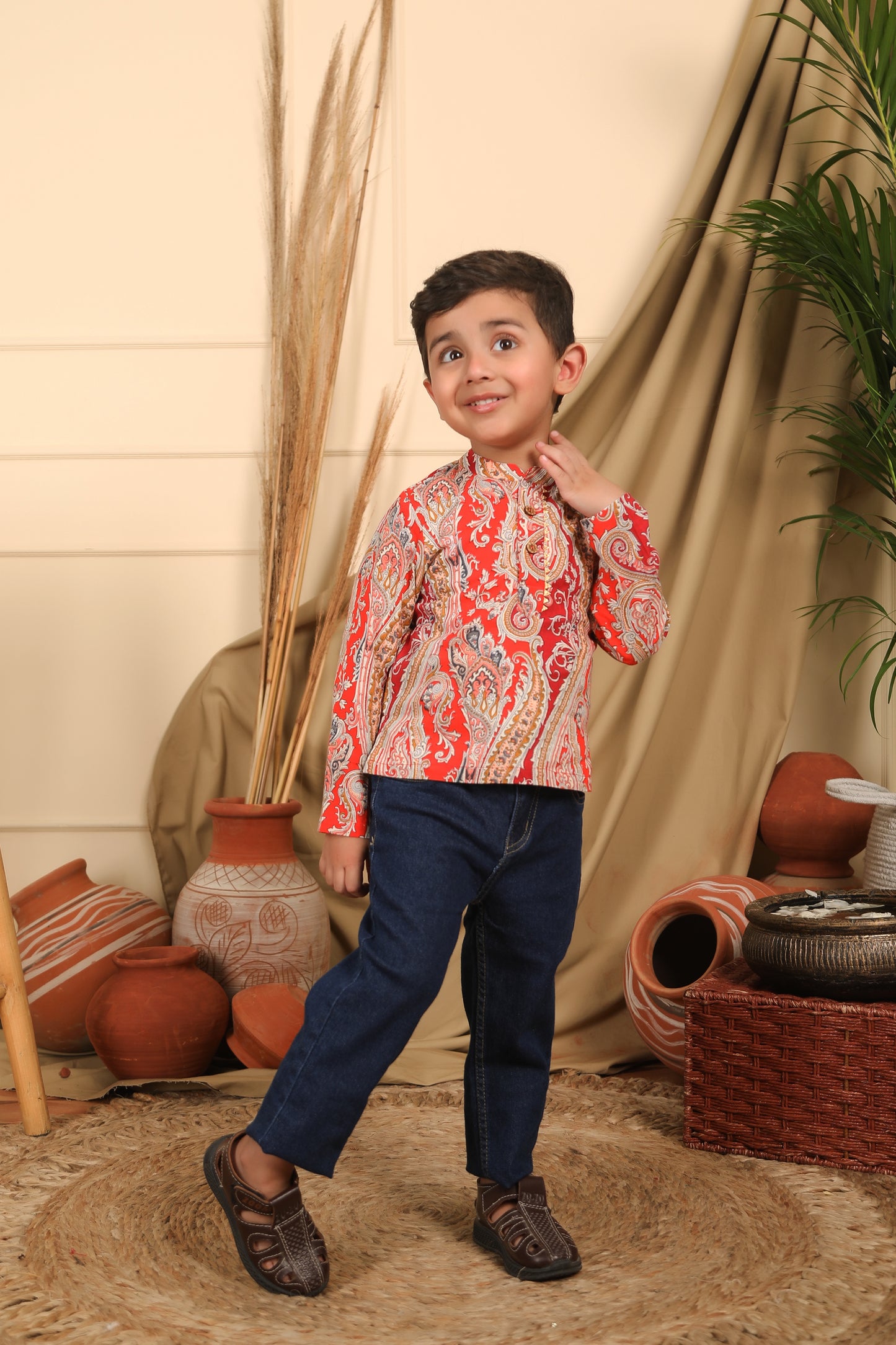 Boys Red Paisley Printed Kurta