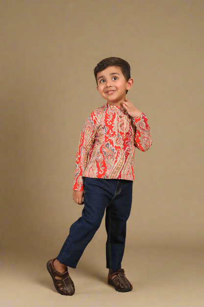 Boys Red Paisley Printed Kurta